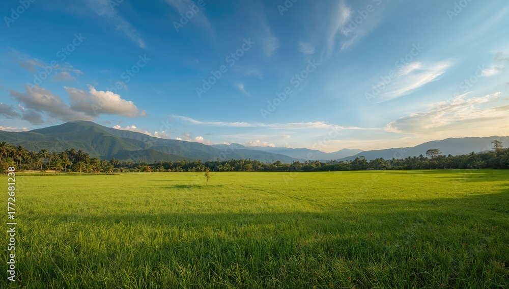 Fototapeta premium Mountain landscape with green grass under a clear summer sky
