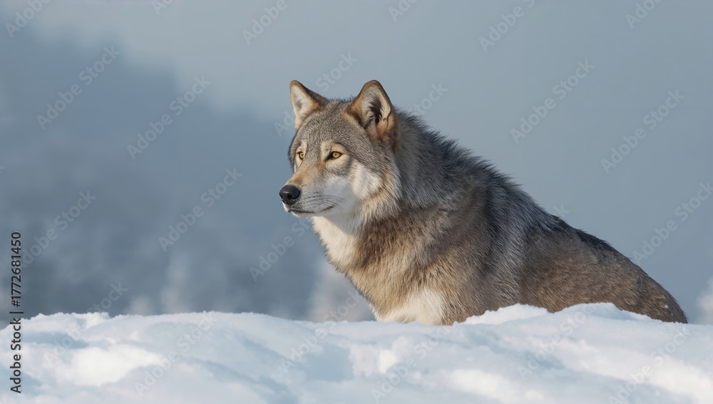 Fototapeta premium Left-Facing Grey Wolf Watching from a Snow-Covered Hill in Winter - Captive Setting