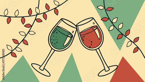 Two festive wine glasses clinking together with colorful background and decorative leaves in celebration mood