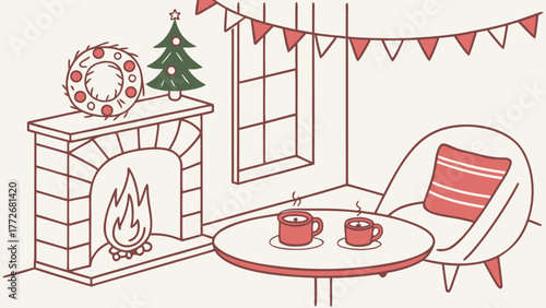 Cozy christmas room with fireplace, wreath, tree, armchair and two mugs on table in warm festive setting