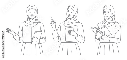 Simple line art illustration of three diverse women in hijab holding books and pens vector