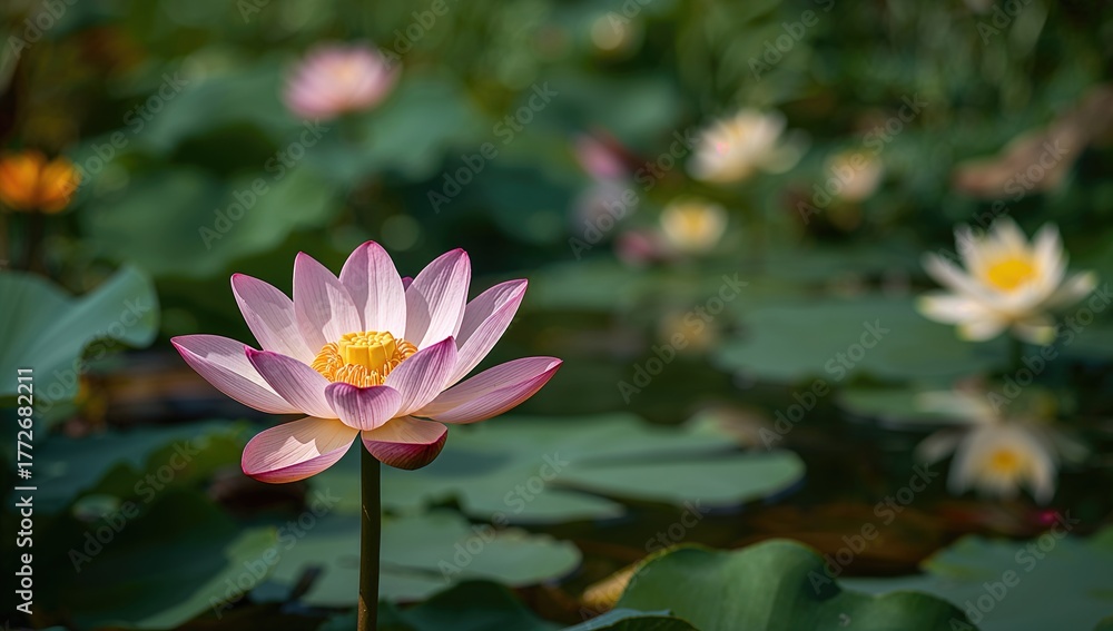Fototapeta premium Blooming pink lotus flowers in a serene pond, suitable for a peaceful backdrop