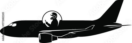 Silhouette of a pilot in an airplane cockpit against a blue background