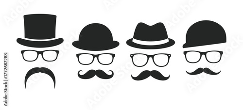 Minimalist vector illustration of gentlemen's accessories hats glasses and mustaches in black and white vector