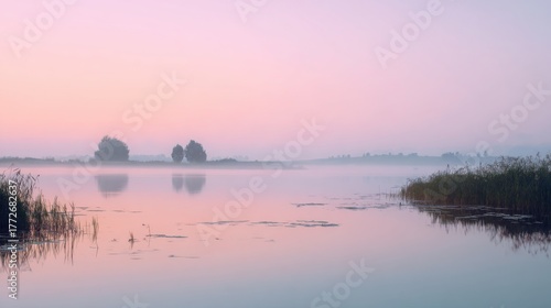 calm lake at sunrise, soft mist over water, gentle pastel colors, serene atmosphere, minimalist style