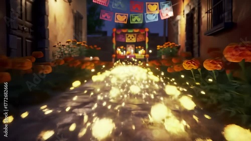 D?a de Los Muertos: Luminous Marigold Petals form a guiding spiritual path on a traditional Mexican street towards a vibrant Ofrenda, capturing the essence of night celebration.