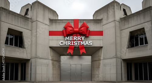 Concrete building decorated with giant red bow and merry christmas message on cloudy day