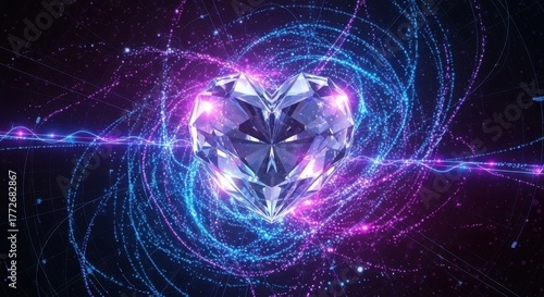 Captivating abstract digital heart glowing amidst vibrant swirling light trails and cosmic particle effects, symbolizing love, passion, and advanced technology