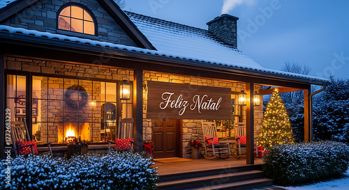 Cozy winter cottage with festive christmas decorations and warm glowing lights at dusk exterior