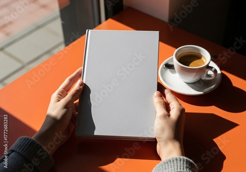 Person holding a blank white book cover mockup next to a cup of coffee on a bright orange table