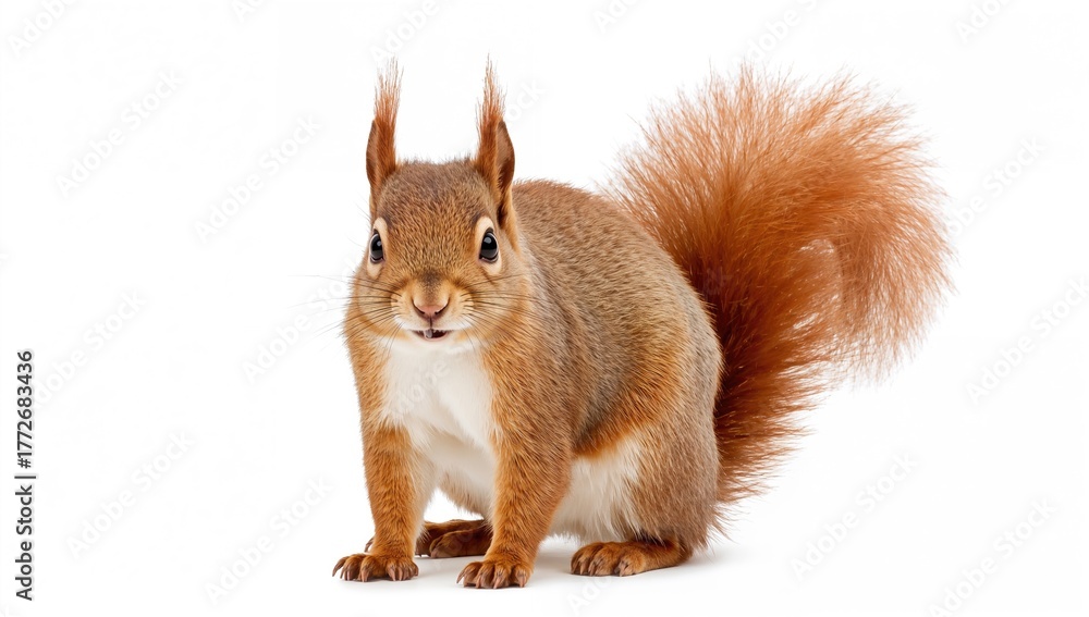 Fototapeta premium A red squirrel with an upright tail stares intently forward, displaying a classic alert stance, gazing curiously at the camera against a plain white background.