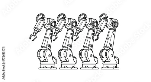 Robotic arms in industrial automation assembly line drawing style vector