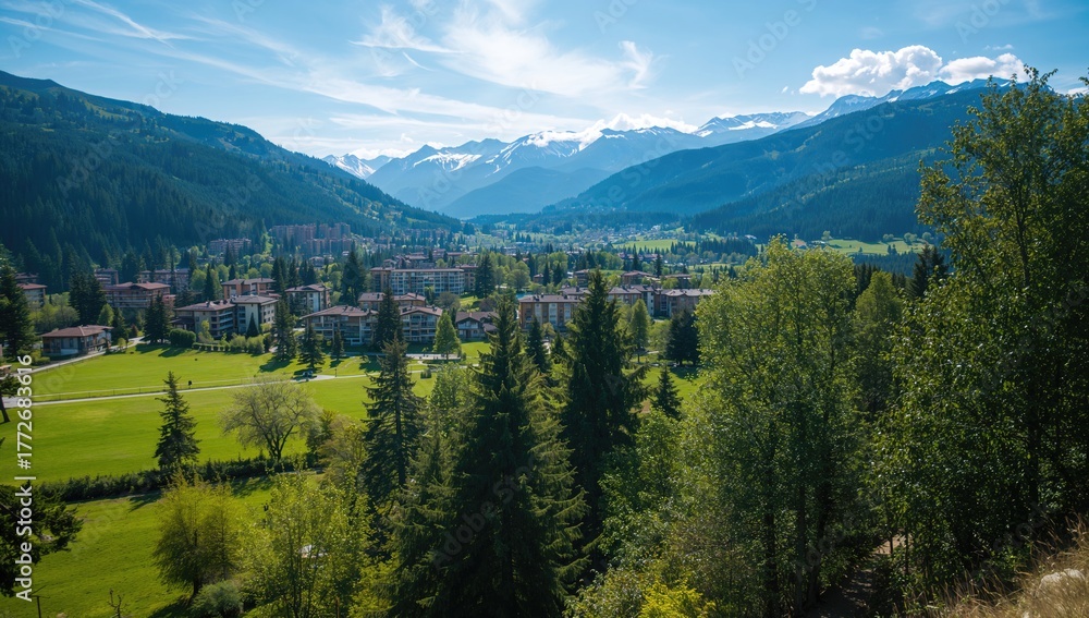 Fototapeta premium Aerial perspective of a vibrant resort area, showcasing hotels and trees beneath a clear blue sky, highlighting leisure activities