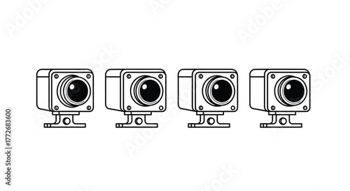 Tableau sur toile Four miniature security cameras arrayed in sequence for surveillance and monitor