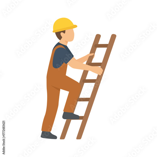 A cartoon construction worker wearing a hardhat climbing a wooden ladder.