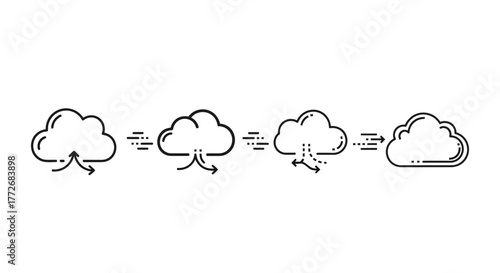 Hand drawn cloud computing process flow diagram shows data transfer between clouds vector