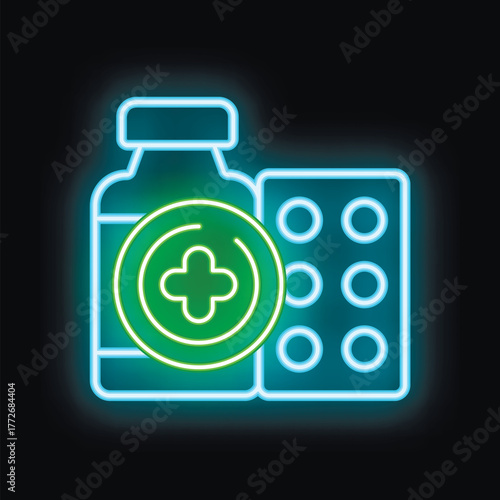 Glowing neon sign depicting a prescription medicine bottle and blister pack of pills, isolated on a black background