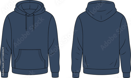 Hoodie, sweatshirt, pullover, navy, blue, fashion, apparel, clothing, casual, wear, unisex, garment, blank, template, design, front, back, view, vector, illustration