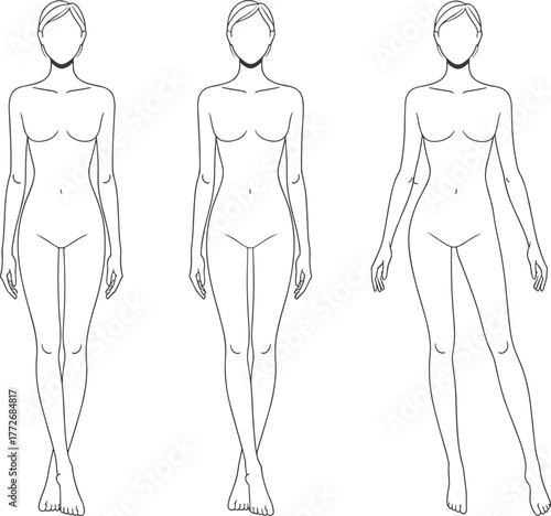 Human body silhouette poses, standing figure variations, technical flat sketch, CAD drawing, vector outline, mannequin template, design reference, apparel illustration, posture study