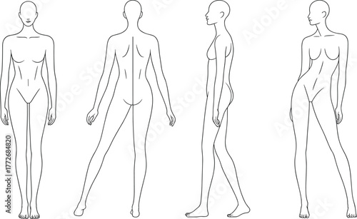 Human body silhouette template, front back side view, technical flat sketch, CAD drawing, vector outline, mannequin figure, design reference, apparel illustration