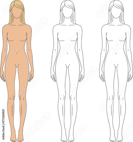 Female fashion silhouette template, front view, technical flat sketch, CAD drawing, vector outline, blank mannequin, design reference, apparel illustration, isolated figure