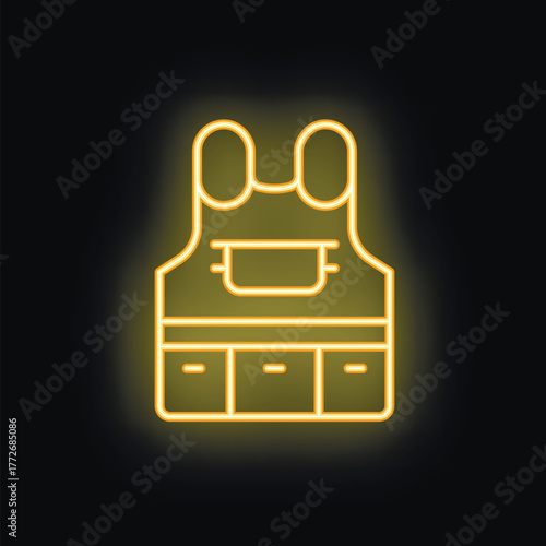 Yellow neon icon of an apron is glowing on a black background