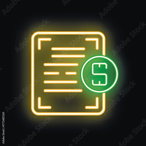 Neon glowing icon of a financial document with a dollar sign on it