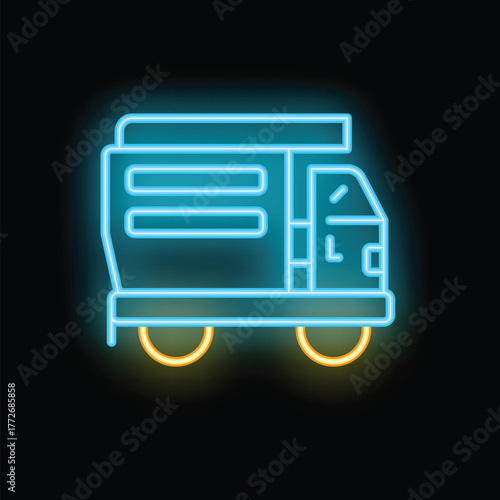 Blue and yellow neon icon of a garbage truck, symbolizing waste management and urban cleaning services