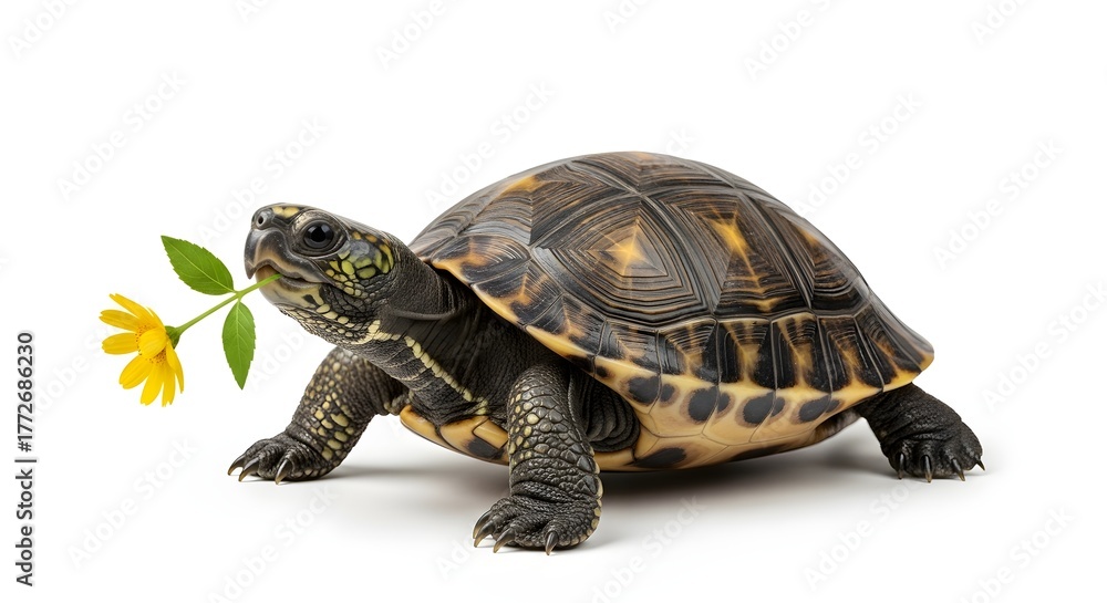 Fototapeta premium A tortoise carrying a yellow flower in its mouth, set against a white background, showcasing nature's simplicity