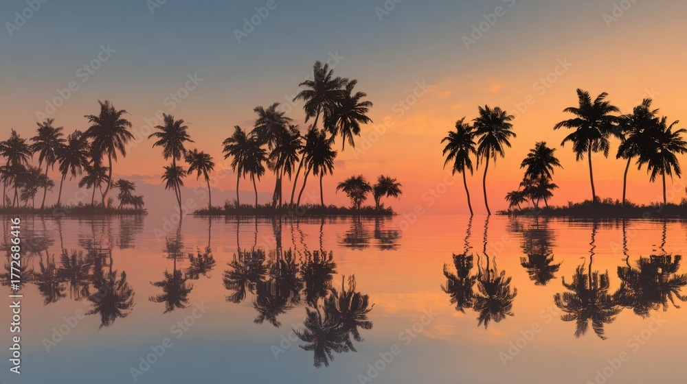 Fototapeta premium Golden hues of sunset create a serene atmosphere as palm trees stand tall beside the still water.