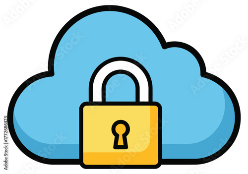 Secure Cloud Storage Padlock Icon Vector Data Protection and Internet Security Concept Blue and Yellow Illustration