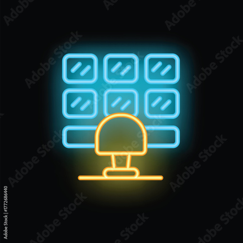 Neon sign depicting a mushroom cloud rising behind a building with a blue glow