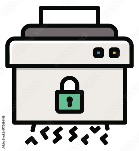 Secure paper shredder machine icon for document destruction and confidential data protection in a color line vector style