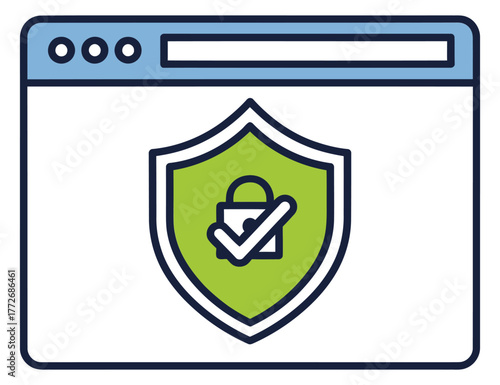 Secure browser window shield icon with padlock and checkmark vector illustration representing data protection and online safety