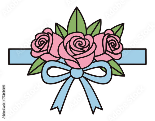 Cute Pink Roses and Green Leaves Bouquet with Light Blue Ribbon and Bow Banner Vector