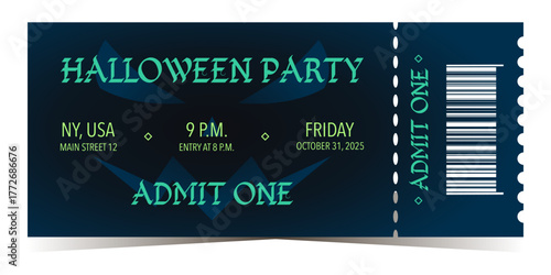 Halloween party ticket template with smiling scary face and event details
