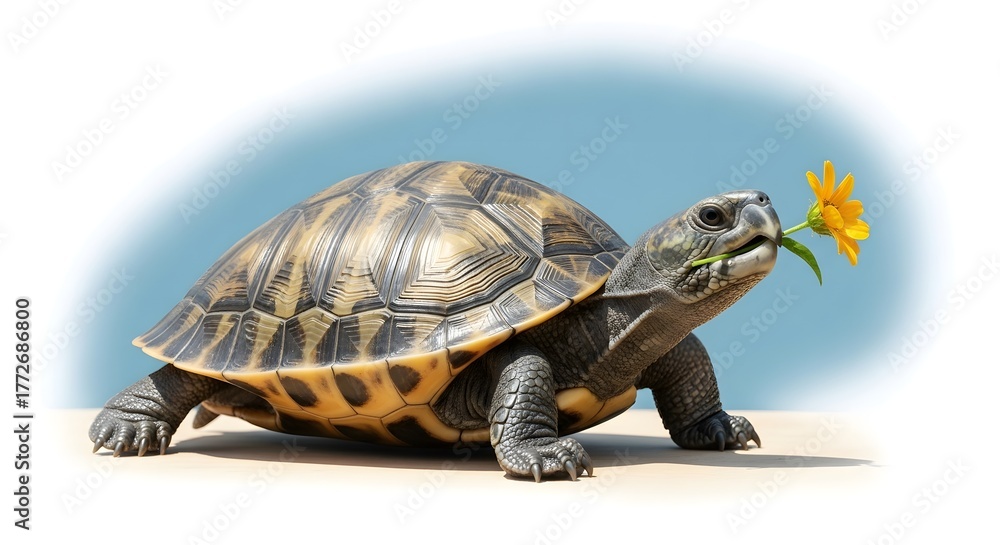 Obraz premium A tortoise carrying a yellow flower in its mouth, basking on a sandy surface with a clear blue background