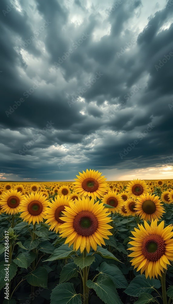 Obraz premium Golden Sunflower Field Against a Dramatic Sky Filled with Rolling Dark Clouds Promises Both Beauty and the Imminence of an Approaching Storm