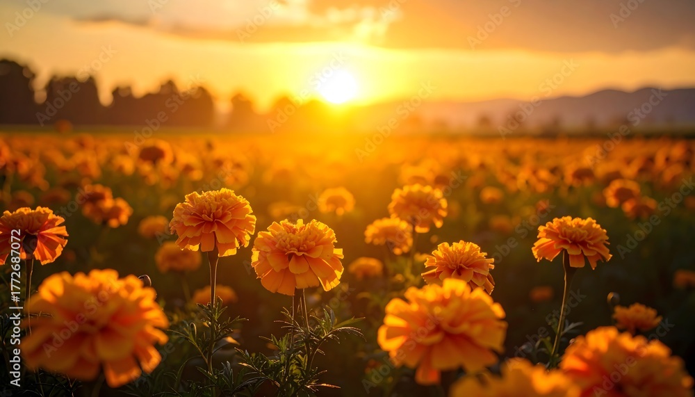 Fototapeta premium Golden Marigold Field at Sunset: Warm Light and Floral Beauty