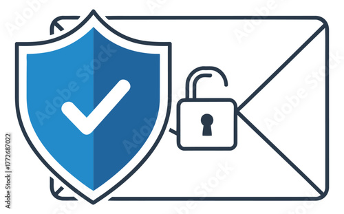 Secure Email Access Icon Protection Shield and Open Padlock Vector Illustration