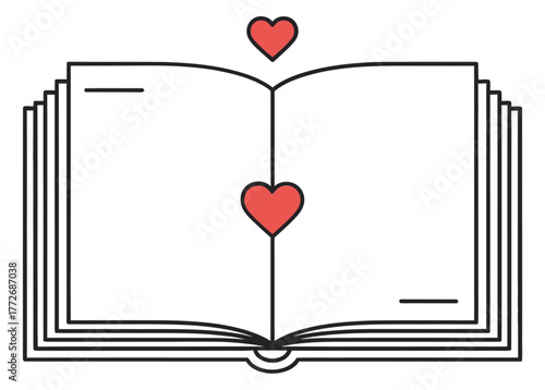 Open Book with Red Hearts Icon Minimal Line Art Vector Illustration for Love Stories Reading and Literature Concepts