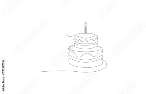 Birthday Cake Continuous One Line Drawing – Minimalist Celebration Dessert with Candle Vector Illustration
