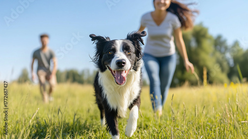 Border Collie dog happily running in open field with people walking behind, symbolizing freedom, playfulness, and companionship