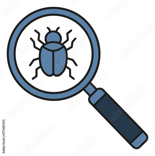 Magnifying glass inspecting a bug vector icon illustration representing software debugging security issue finding or quality assurance check in blue color palette