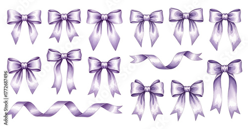 An elegant collection of illustrated purple satin bows and swirling ribbons in various decorative styles.