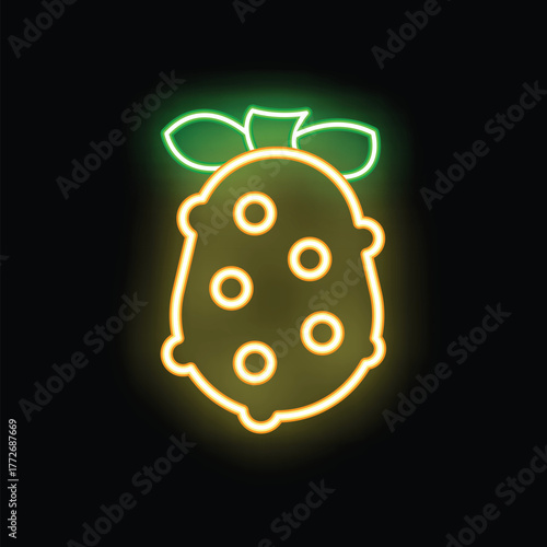 Glowing yellow neon sign of a cherimoya fruit with green leaves, shining on black background