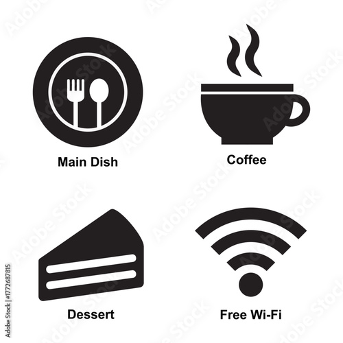 Black icons for restaurants and cafes, symbols of restaurants, bakeries and beverages with free wifi.
