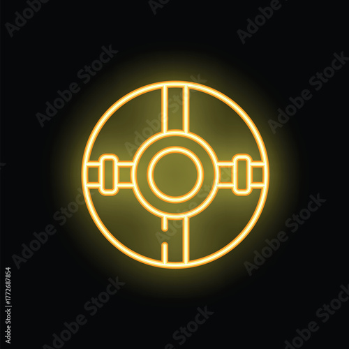 Neon sign representing a lifebuoy, glowing yellow on a black background