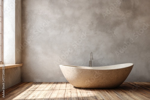Freestanding stone bathtub sits on wooden floor in room with textured wall