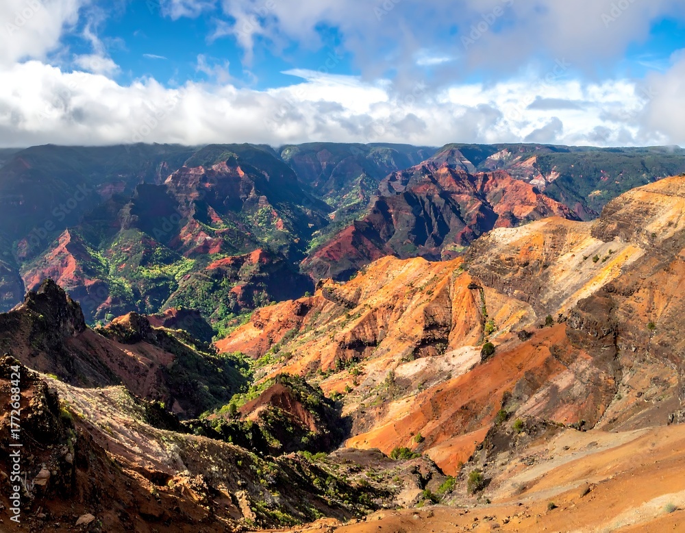 Naklejka premium Scenic vista of deep canyons under a partly cloudy sky